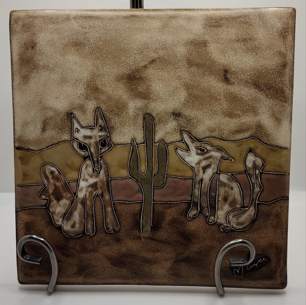 Mara Stoneware Made in Mexico Hand Painted Handmade Tile Trivet Coyotes